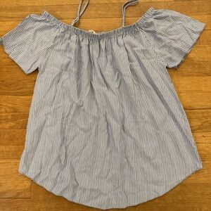 Moon Kiss blue white striped cold shoulder short sleeve blouse shirt size M
 b56